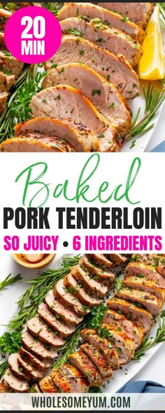 pork tenderloin on a platter with lemons and herbs