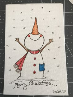 a christmas card with a snowman wearing a red hat and scarf on it's head