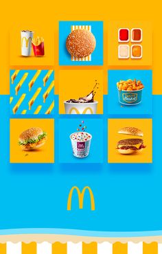 an advertisement for mcdonald's is shown in blue and yellow with images of food