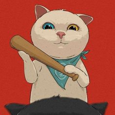 a white cat holding a baseball bat in its paws