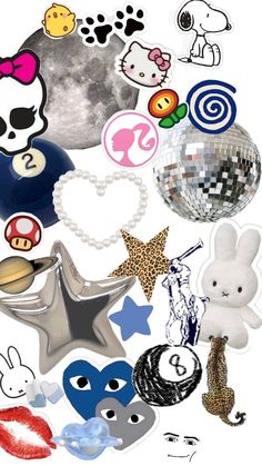 an assortment of stickers and decorations on a white background with the words hello kitty