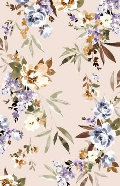 a floral wallpaper with blue, purple and white flowers on a light pink background