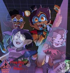 five cartoon characters standing together in front of a wall with the words five nights on it