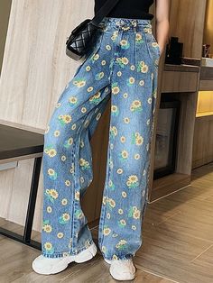 ⚡️Free Shipping 2022 Sunflower Print Wide-leg Jeans Blue S under $46.00 in Jeans at AnotherChill.com Online. Style: Casual. Color: Blue. Fabric Content: Cotton, Denim. Fit Type: Wide leg. Design: Washed, High Waist, Pockets. ✓2022 SUMMER OUTFITS. Check reviews and buy Sunflower Print Wide-leg Jeans today. Jeans Online Store, Sunflower Print, Jeans Online, Exclusive Fashion, Vintage Streetwear, Wide Leg Denim, Casual Denim, Grunge Fashion, Blue Fabric