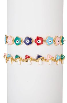 Protect your vibes with a pair of charming evil-eye and mushroom bracelets featuring links of flower blossoms mushrooms filled with colorful enamel. Set of two Lobster clasp Goldtone plate/enamel Imported Enamel Charms Bracelet, Mushroom Bracelet, Gold Enamel Bracelets With Charms, Playful Adjustable Multicolor Charm Bracelet, Mushroom Charm Bracelet, Enamel Charms, Accessories Bracelets, Blossom Flower, Keep Jewelry