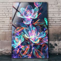 an abstract painting on a brick wall in front of a white brick wall with a blue and pink flower