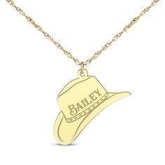 Buck up with this western-themed hat necklace. 14K Yellow Gold Personalize with the name of your choosing 18-inch rope chain with spring-ring clasp Western Style Gold Jewelry For Country Events, Western Engraved Jewelry For Rodeo, Western Style Engraved Jewelry For Rodeo, Western Gold Engraved Jewelry, Western Style Engraved Gold Jewelry, Western Style Necklaces For Western-themed Events, Engraved Gold Western Jewelry, 10k Gold Chain, Accessories Jewelry Necklace