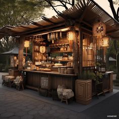 an outdoor kitchen with lots of pots and pans