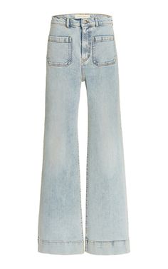 Find JEANERICA Exclusive St Monica Stretch High-rise Flared-leg Jeans 27 on Editorialist. With a nod to classic American denim brands; Stockholm-based Jeanerica (an amalgam of 'jeans' and 'America') offers a range of seasonless; ageless denim made sustainably with organic cotton.The 'St Monica' high-rise jeans have a sailor-inspired flared wide-leg cut with patch pockets to match. They're made from organic cotton denim specially developed by Jeanerica to give them an effortless stretch that reta Jeans Palazzo, St Monica, Designer Jeans For Women, American Denim, Airport Fashion, 1970s Fashion, Flare Leg Jeans, Denim Style, Denim Branding