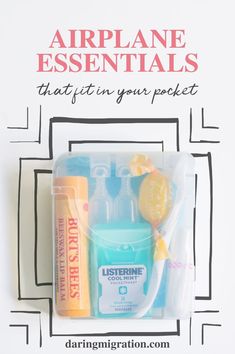 an air plane essentials kit in its package with the words, airplane essentials that fit in your pocket