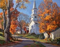 a painting of a church in the fall