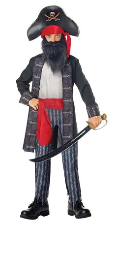 This is a Kid's Blackbeard Pirate Costume. Pirate Costume For Boys, Pirate Beard, Jumpsuit And Jacket, Black Beard Pirate, Pirate Accessories