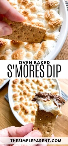 a person dipping some food into a bowl with the words oven baked s'mores dip