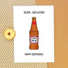 a birthday card with an image of a bottle of budweiser and a donut