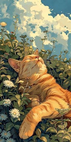 an orange cat laying on top of a field of flowers