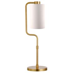 a gold lamp with a white shade on it