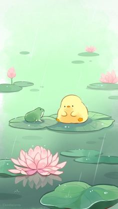 a cartoon frog sitting on top of a lily pad next to a green frog in the water