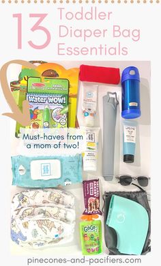 the contents of a diaper bag with text overlay that reads, 13 toddler diaper bag essentials must have from a mom of two