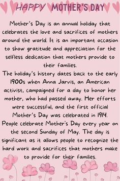 the poem for mother's day is shown in pink and white with hearts on it