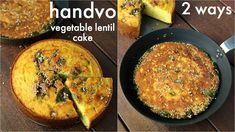 three pictures showing how to make a vegetable lentil cake