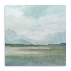 an abstract painting of green and blue water with mountains in the distance on a cloudy day