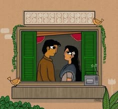 an image of a man and woman looking at each other through the window with green shutters