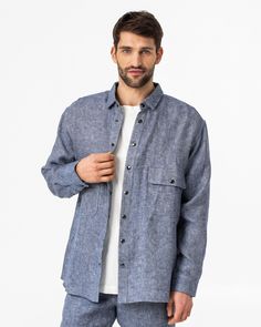 "Linen shirt in denim pattern ASHEVILLE is a sophisticated update to your denim shirt collection. Made from heavyweight linen, comes in an oversized design with a button through the front. It can easily be styled with both casual and official outfits. This linen shirt can be also worn as an overshirt for more relaxed looks - just layer it with your favorite T-shirt. Details: * Button-through front, stud closure * Loop to back yoke * Model is wearing size XL and is 6'1\"/187cm - - - - - - - - - - - - - - - - - - - - - - - - - - - - - Fabric & care: * OEKO-TEX certified (2019OK0776) * Made from 100% European flax * Stone washed for maximum softness * Machine washable. - - - - - - - - - - - - - - - - - - - - - - - - - - - - - FOR SIZE GUIDE see images above - - - - - - - - - - - - - - - - - - Wrinkled Clothes, Denim Pattern, Linen Shirt Men, Denim Patterns, Mens Linen, Fall Clothing, Formal Look, Clothing Care, Formal Looks