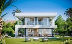 an artist's rendering of a modern house in the middle of palm trees