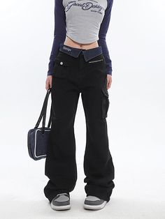 Size(cm) Length Waist Hip Thigh M 105 72 98 54 L 106 74 102 56 XL 107 76 106 58 Size: M L XL color: black Year Season: Spring 2023 Length: trousers Denim Patchwork, Spring 2023, Cargo Jeans, Runway Models, Fold Over, Season Spring, Jeans Pants, Black Pants, Straight Leg