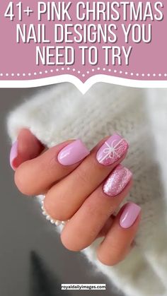 Pink Christmas Nail Designs Pink Nails With Christmas Tree, Pink Snowflake Nail Design, Short Pink Christmas Nails Acrylic, Pink Holiday Nail Designs, Pink Christmas Nails Designs, Pink And White Holiday Nails, Girly Christmas Nails Pink, Simple Christmas Nails Pink, Nails Pink Christmas