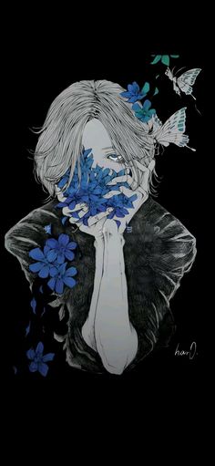 a drawing of a woman with blue flowers in her hair and butterflies around her neck