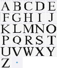 a cross stitch alphabet with the letters and numbers in black on a white background,