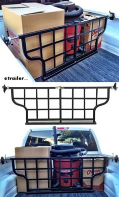 the back end of a truck with two boxes in it's cargo area and another vehicle