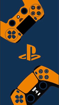 an orange and black video game controller on a blue background with the words playstation in white letters