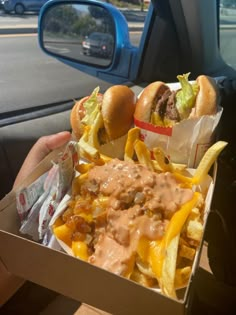 a box filled with two hot dogs covered in cheese and toppings next to chips