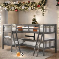 bunk beds with ladders are decorated for christmas