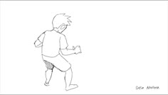 a black and white drawing of a boy running with his hands in his pockets,