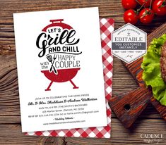 a hamburger and lettuce on a cutting board next to a card that says let's grill and chill with happy couple