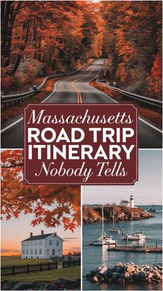 the massachusetts road trip itinerary nobody tells book cover with images of autumn trees and boats