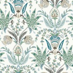 an image of a floral wallpaper pattern with blue and green flowers on white background