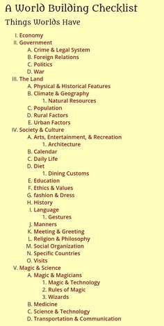 a list of things to do in the world building checklist on a yellow background