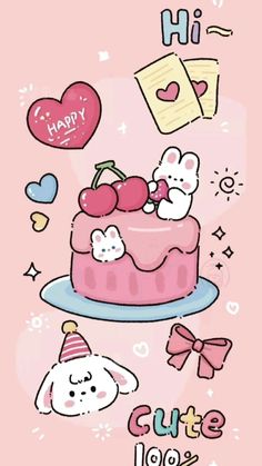 hello kitty birthday card with an image of a pink cake and other items on it