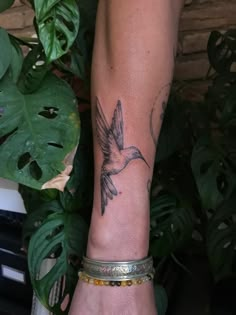 a woman's arm with a hummingbird tattoo on it and a gold bracelet