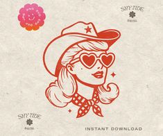 Earring Illustration, Retro Heart, Cowgirl Design, Cowgirl Hat Drawing, Retro Cowgirl Tattoo, Cowgirl Branding, Saloon Illustration, Cowgirl Illustration Art, Cupid Cowgirl