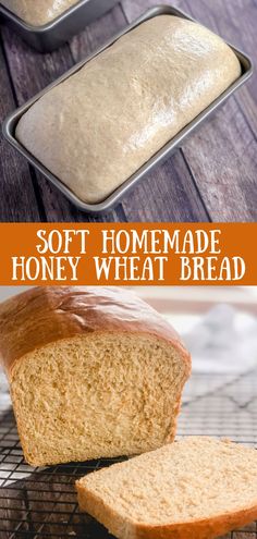 two loafs of homemade honey wheat bread sitting on a cooling rack with the words soft homemade honey wheat bread