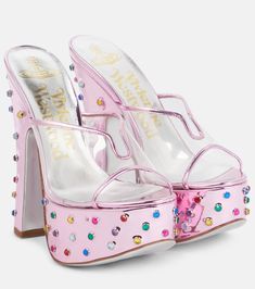 Girly High Fashion, Vivienne Westwood Platforms, Pastel Pink Platform Heels, Pink Leather Platform Heels, Designer Pink Platform Heels, Pink Velvet Platform Heels, Transparent Shoes, Funky Heels, Platform Mules