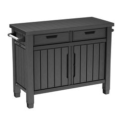 an outdoor storage cabinet with two doors and one drawer on the side, in dark grey