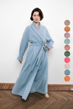 "Beautiful, well made robe that is so soft and luxurious. Perfect gift for your loved ones. With large pockets and long sleeves. Made of very soft and pleasant to the body jersey. On the wrong side has a down. It is really warm and cozy. It absorbs moisture well and dries quickly. - 95% organic cotton, 5% elastan . Knitwear has certificates GOTS and Oeko-Tex. - 100% Handmade, cut and sewn with all care and on good equipment to order in our studio. - Standard length robe 56\" / 142cm (but if you Oversized Long Sleeve Robe For Lounging, Long Sleeve Winter Sleep Robe, Long Sleeve Fall Robe For Home, Long Sleeve Fall Home Robe, Fall Long Sleeve Home Robe, Oversized Long Sleeve Robe For Relaxation, Fall Relaxation Robe With Long Sleeves, Cozy Long Sleeve Robe For Home, Fall Long Sleeve Robe For Relaxation