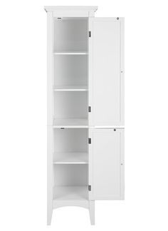 a tall white cabinet with two doors and one door open to reveal the bottom shelf