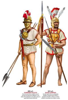 two roman soldiers with spears and shields standing next to each other, one holding a spear